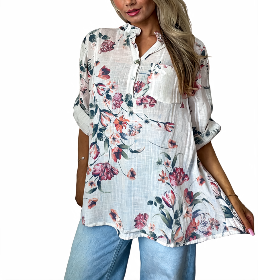 Floral button-up tunic top, white with pink and orange flower print, front buttons