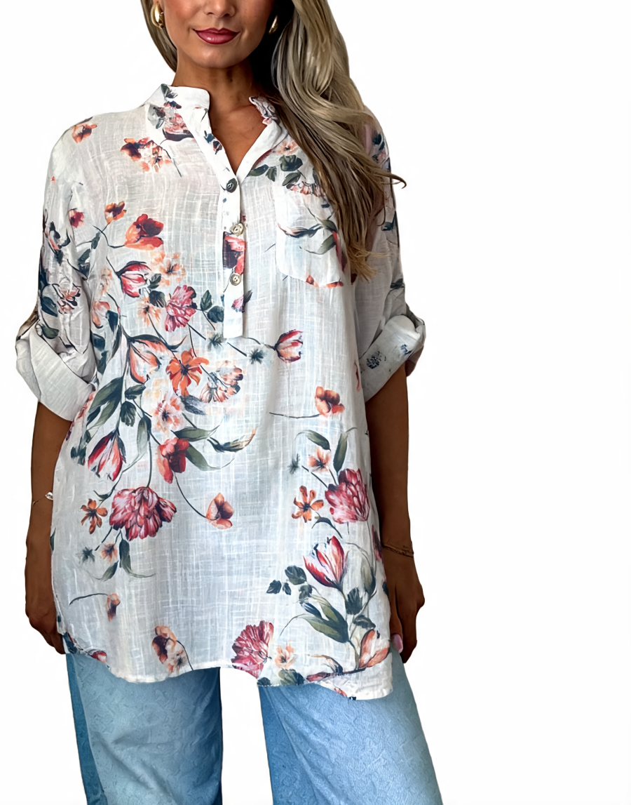 Floral button-up tunic top, light blue with multicolor flower print and front buttons