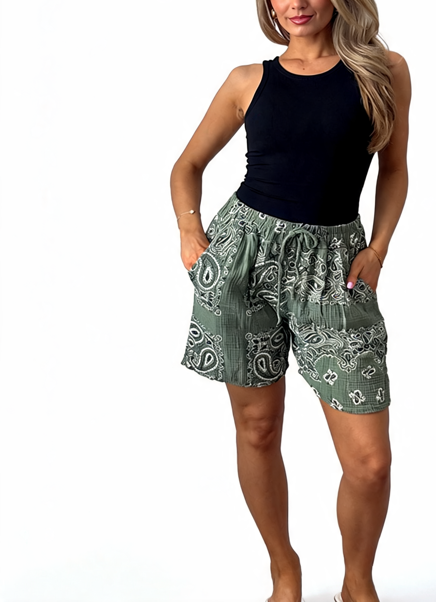 Paisley Print Drawstring Shorts with Pockets - Khaki
