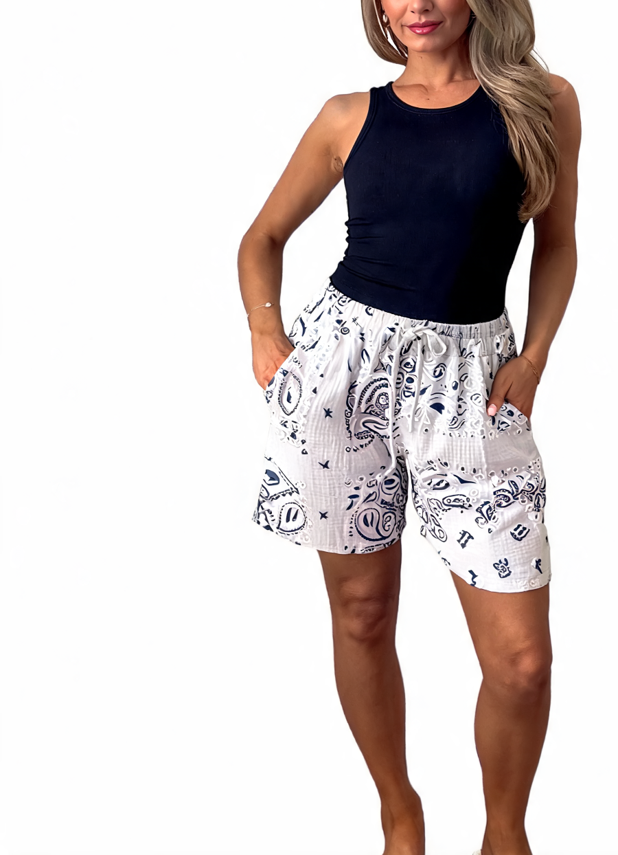 Paisley Print Drawstring Shorts with Pockets - White