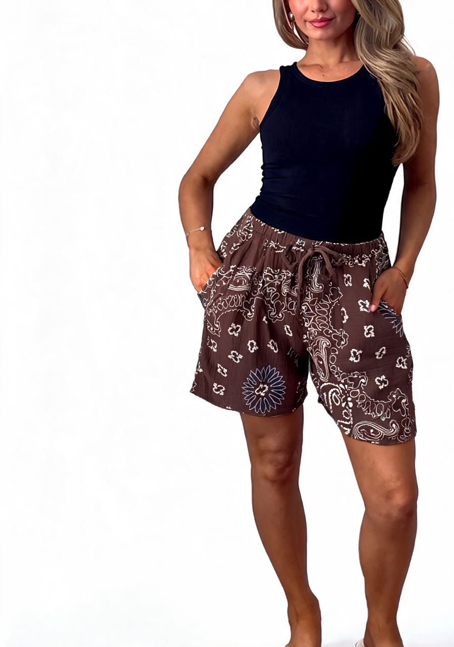 Paisley Print Drawstring Shorts with Pockets - Chocolate