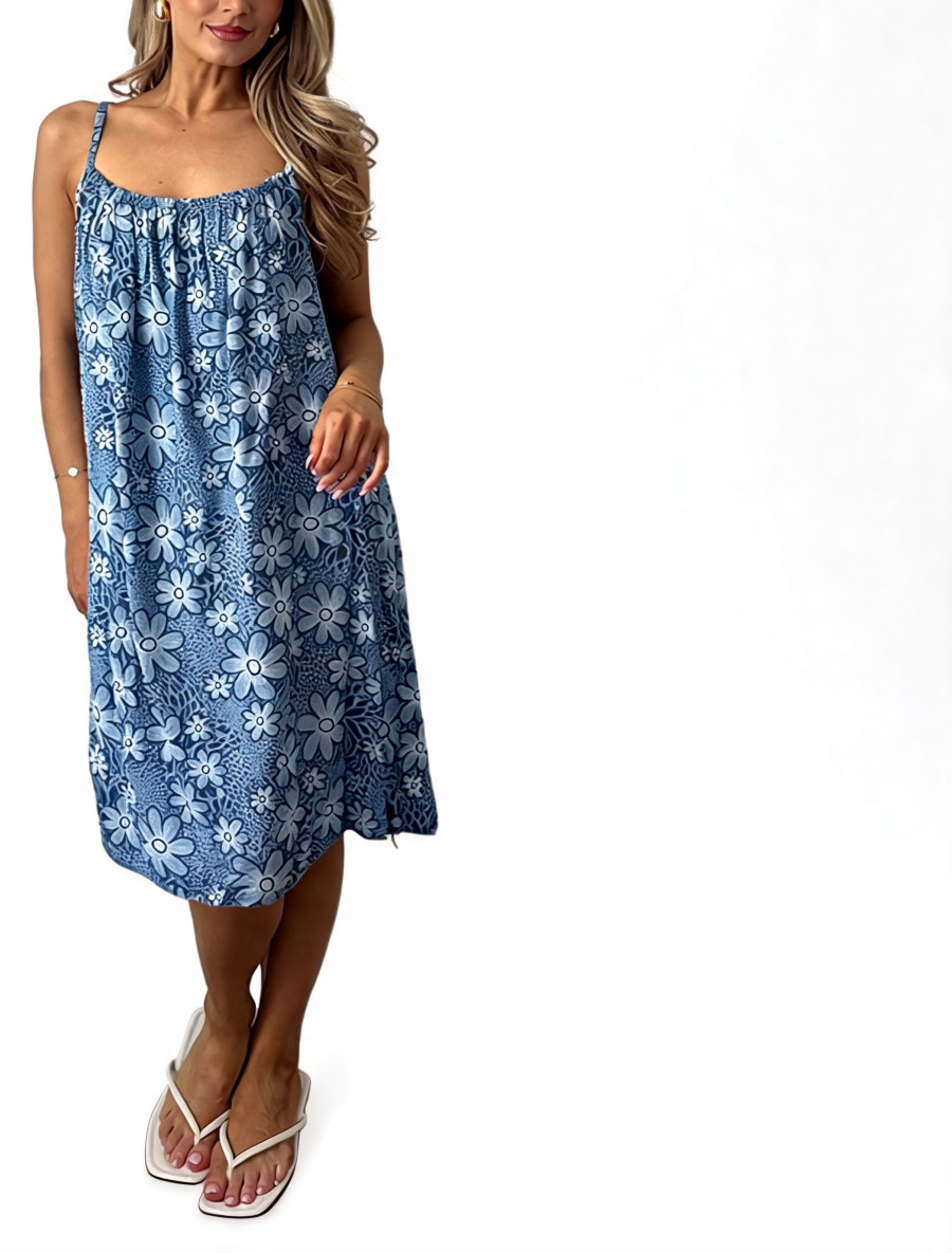 Denim blue floral spaghetti-strap midi dress with ruffled square neckline