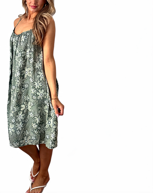 Floral Print Spaghetti Strap Midi Dress - Khaki