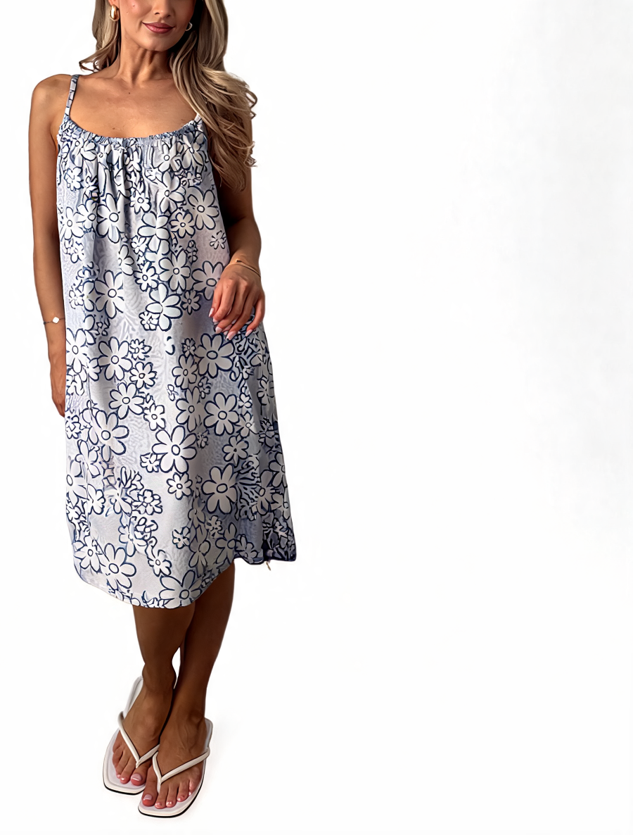 Light blue floral spaghetti-strap midi dress with gathered square neckline