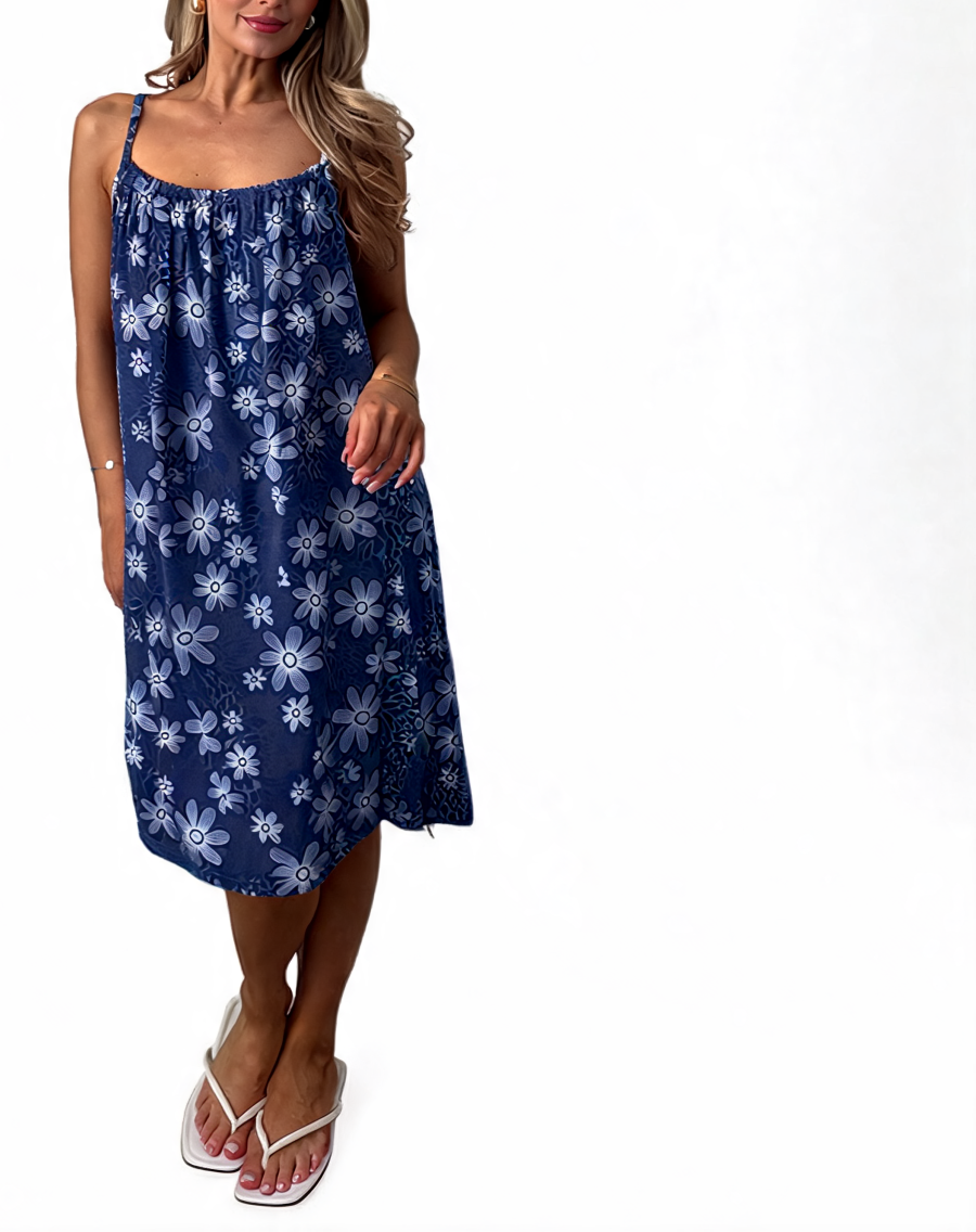 Navy blue floral spaghetti-strap midi dress with gathered square neckline