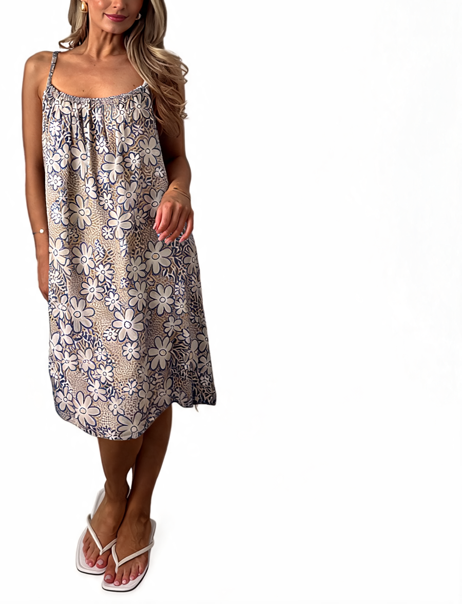Beige floral spaghetti-strap midi dress with gathered square neckline