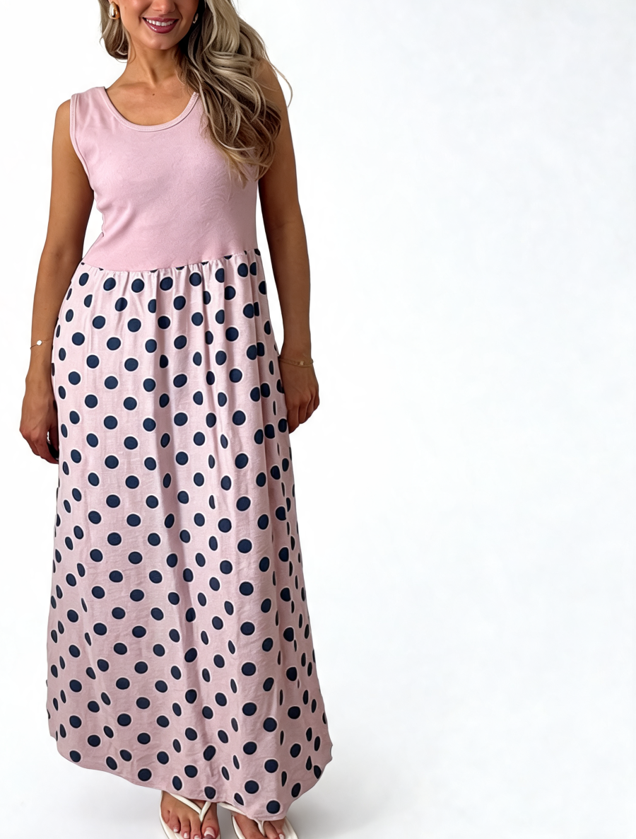 Pink sleeveless maxi dress with navy polka-dot gathered skirt, scoop tank neckline