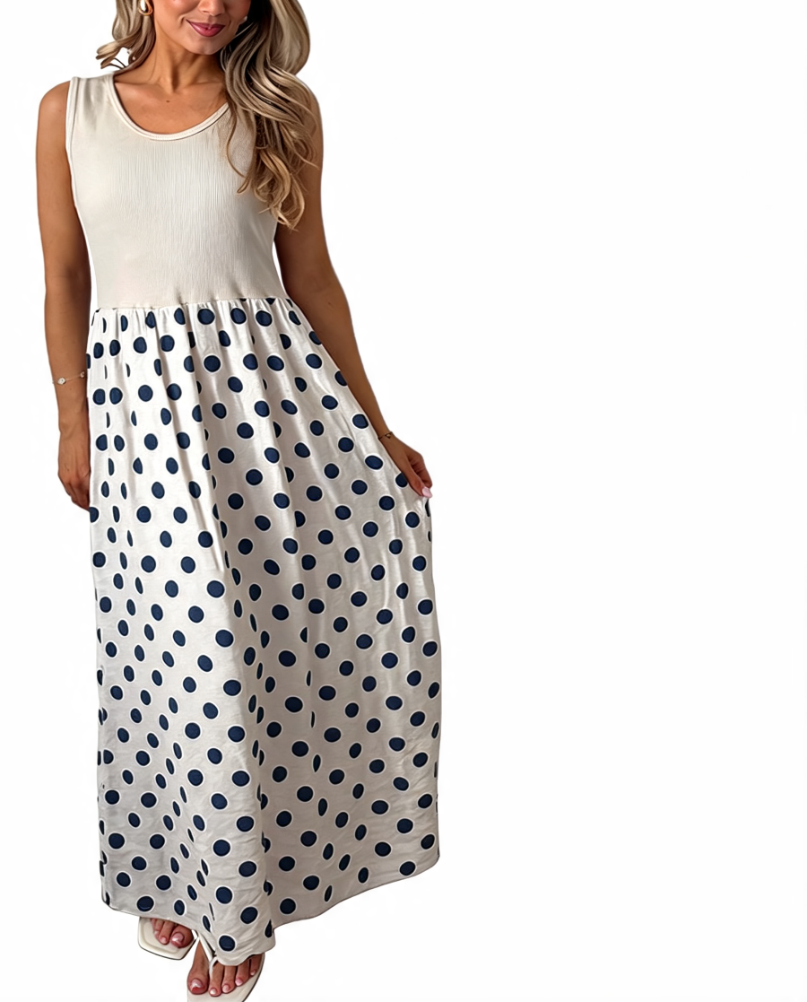 Cream sleeveless maxi dress with navy polka-dot gathered skirt, scoop tank neckline
