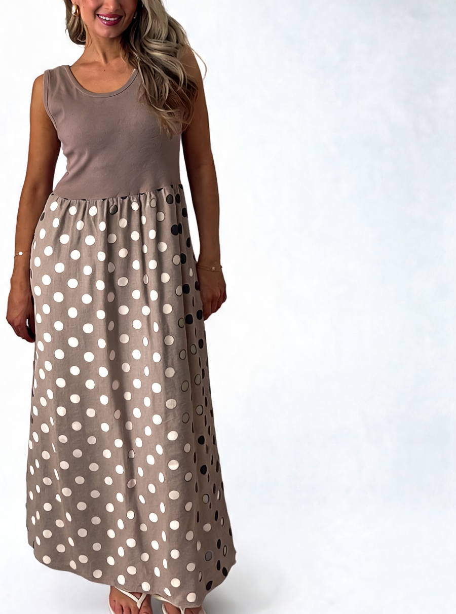 Taupe sleeveless maxi dress with white polka-dot gathered skirt, scoop tank neckline