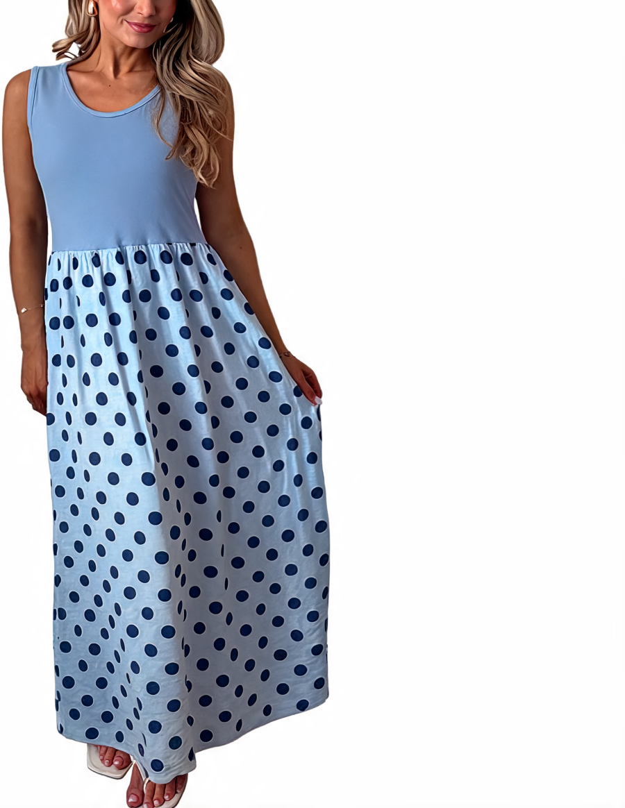 Sky-blue sleeveless maxi dress with navy polka-dot gathered skirt, scoop tank neckline