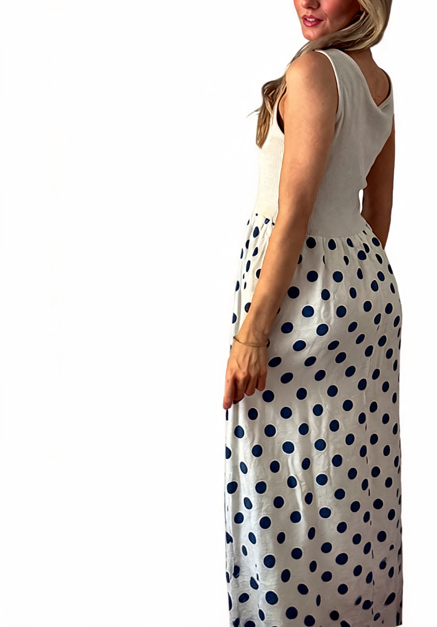 Ribbed Tank Top Polka Dot Contrast Sleeveless Summer Maxi Dress - Beige
