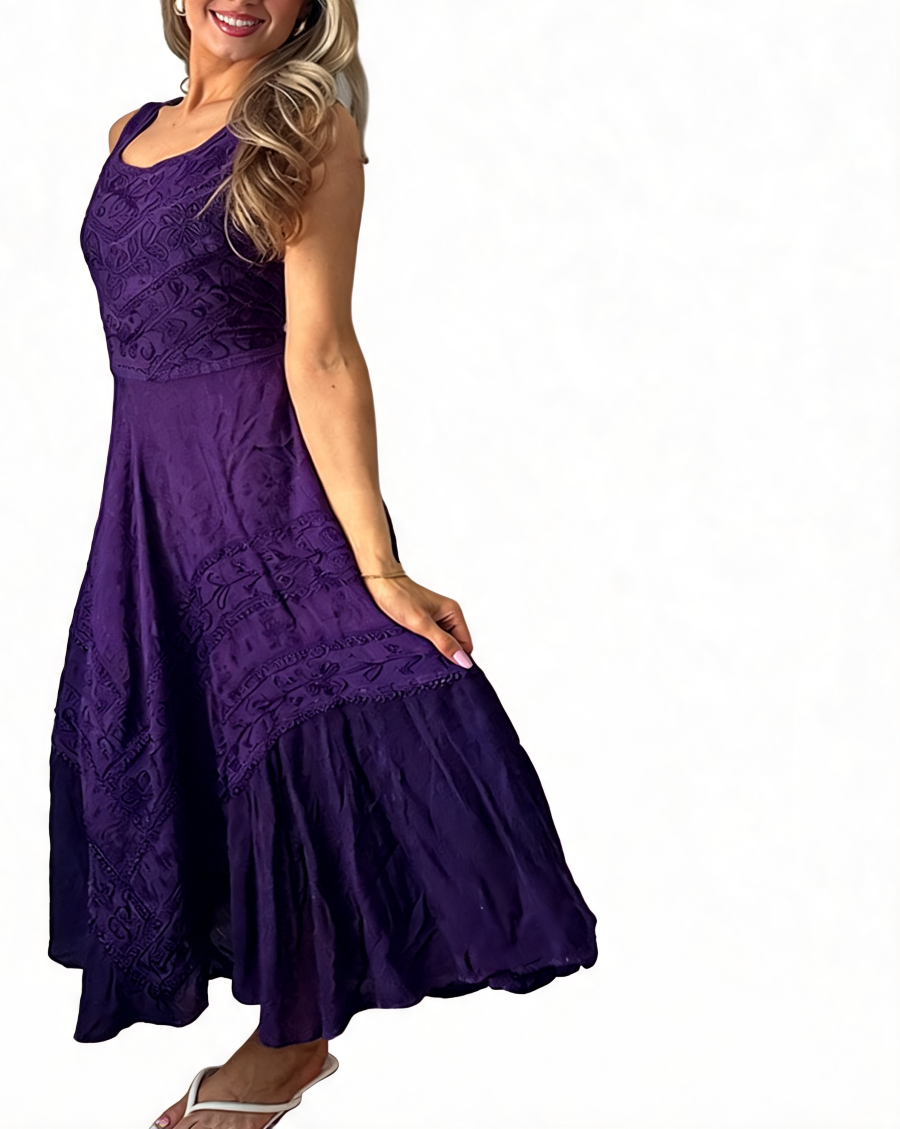 Purple embroidered square-neck sleeveless midi dress with tiered A-line skirt