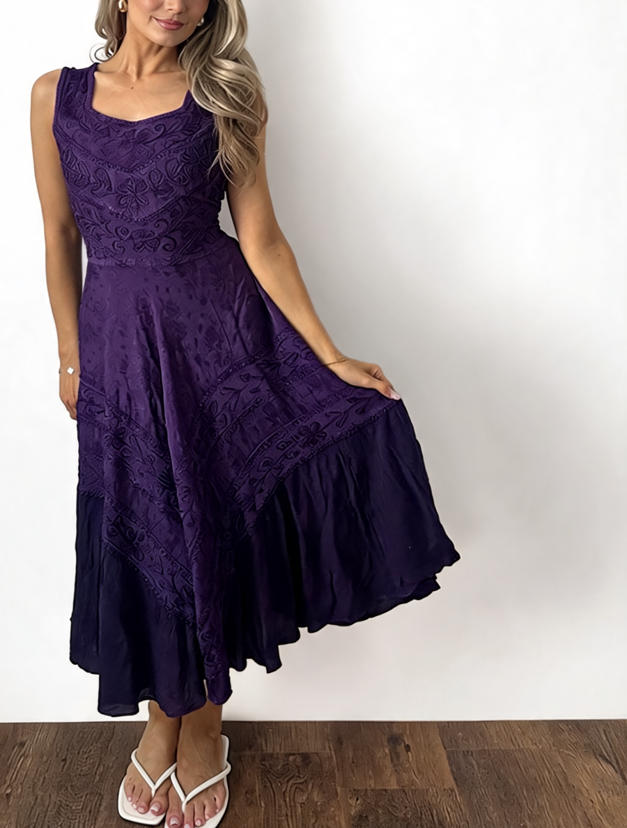 Purple embroidered square-neck sleeveless midi dress with tiered flared skirt