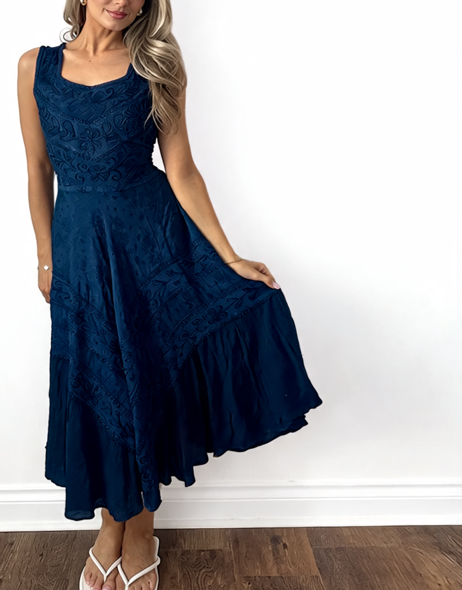Blue embroidered square-neck sleeveless midi dress with tiered flared skirt