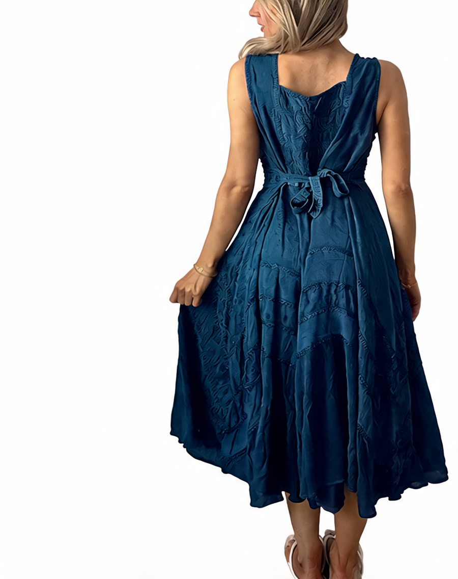 Blue embroidered sleeveless midi dress with bow-tied waist and tiered skirt