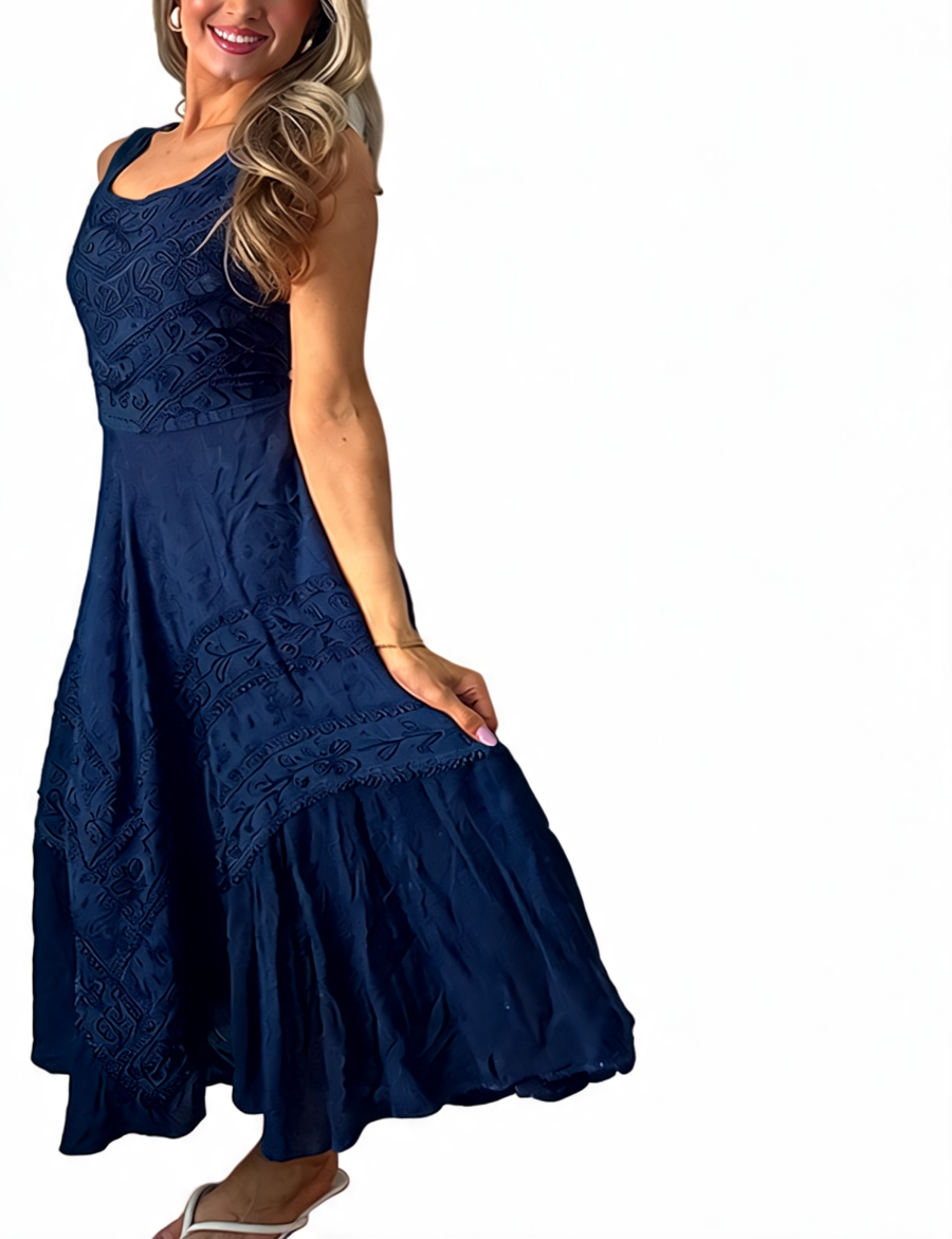 Embroidered Square Neck Midi Sleeveless Tiered Boho Dress - Navy
