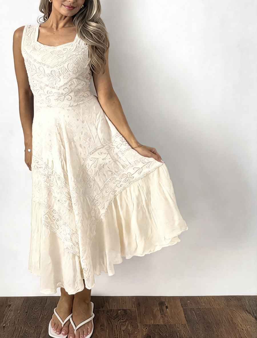 White embroidered square-neck sleeveless midi dress with tiered flared skirt