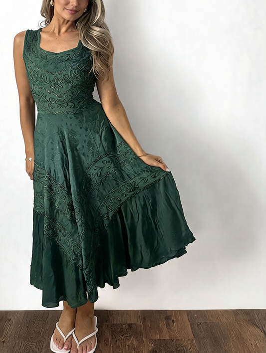 Embroidered Square Neck Midi Sleeveless Tiered Boho Dress