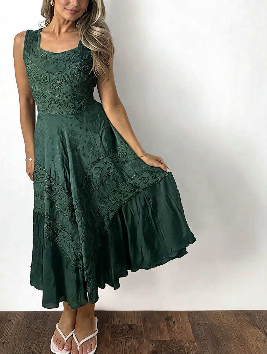 Green embroidered square-neck sleeveless midi dress with tiered flared skirt
