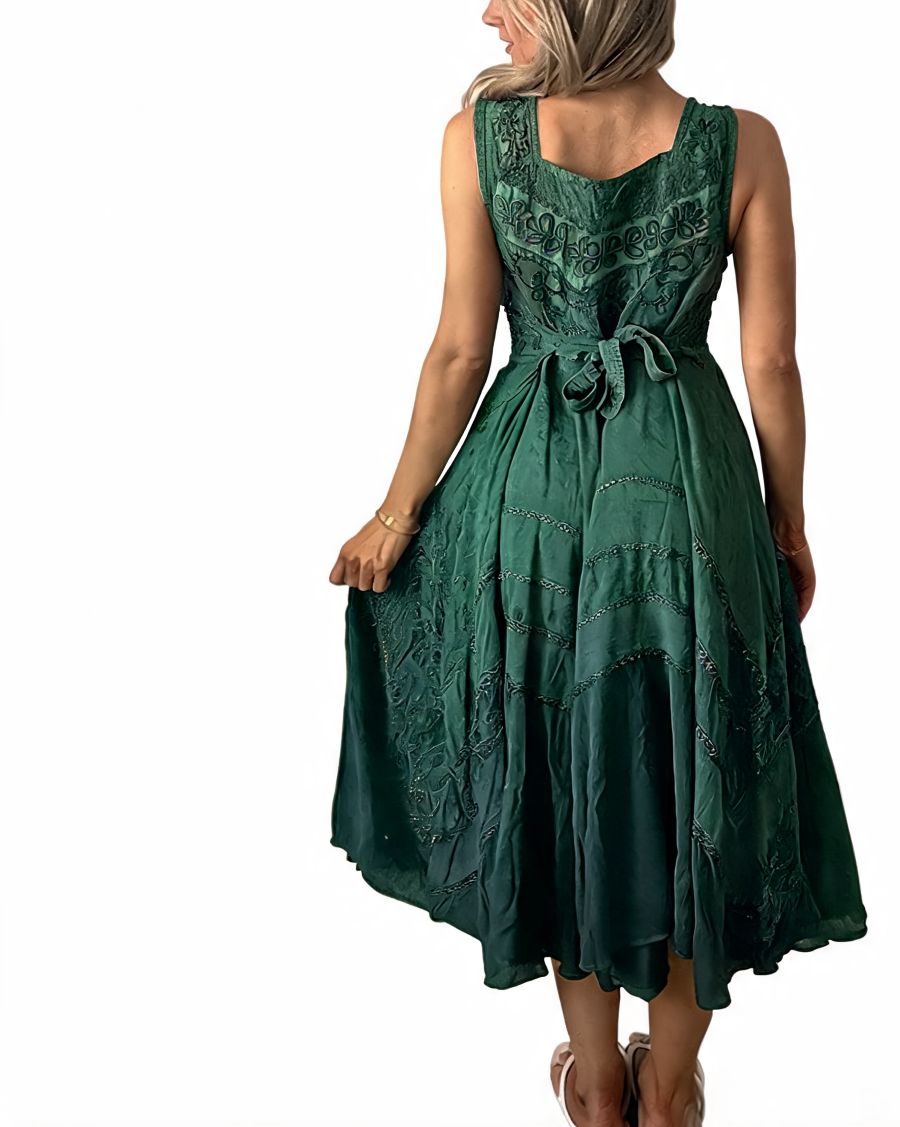 Embroidered Square Neck Midi Sleeveless Tiered Boho Dress - Green