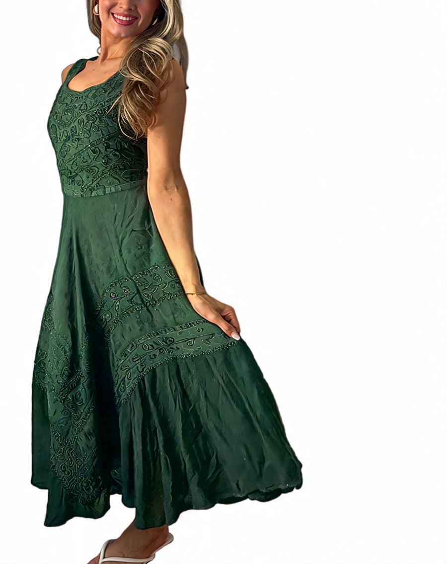 Embroidered Square Neck Midi Sleeveless Tiered Boho Dress - Green