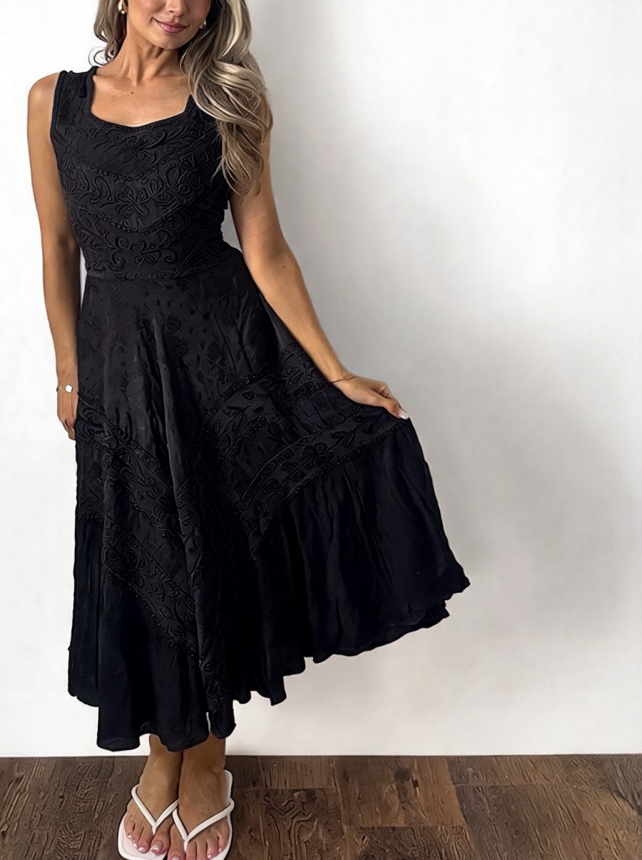 Black embroidered square-neck sleeveless midi dress with tiered flared skirt
