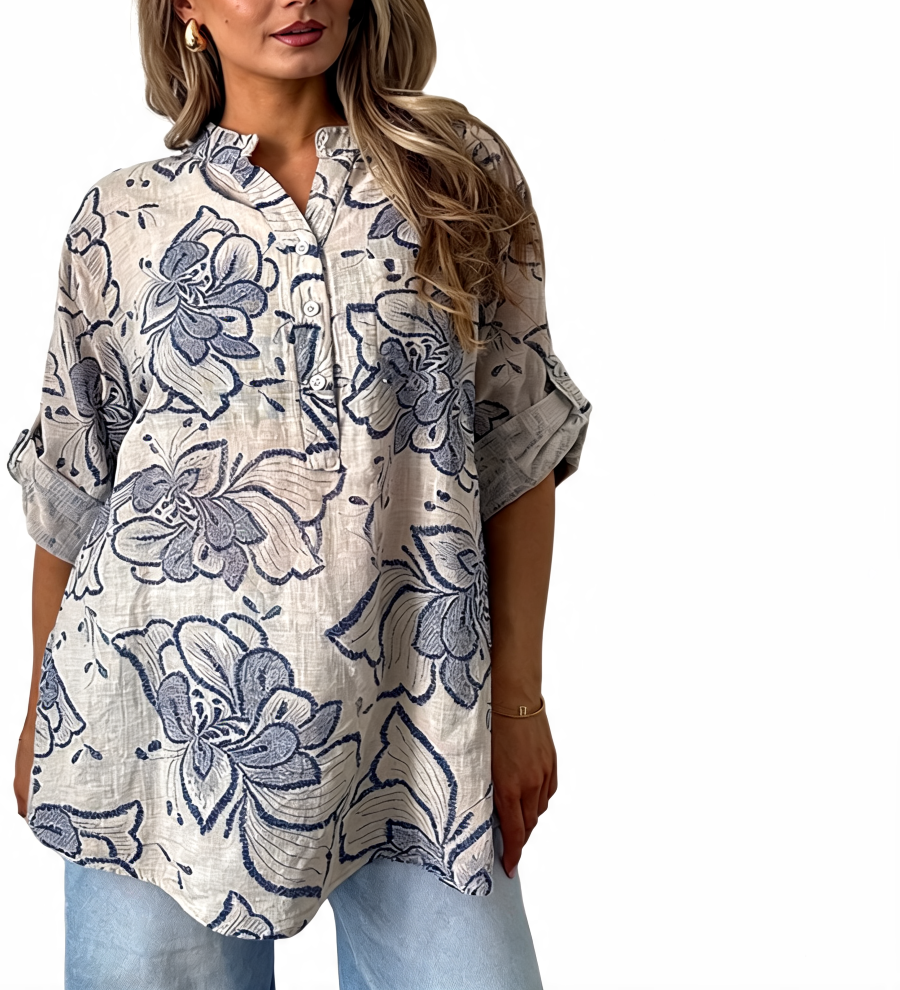 Floral Embroidered Linen Tunic Roll-Sleeve Button-Up Shirt - White
