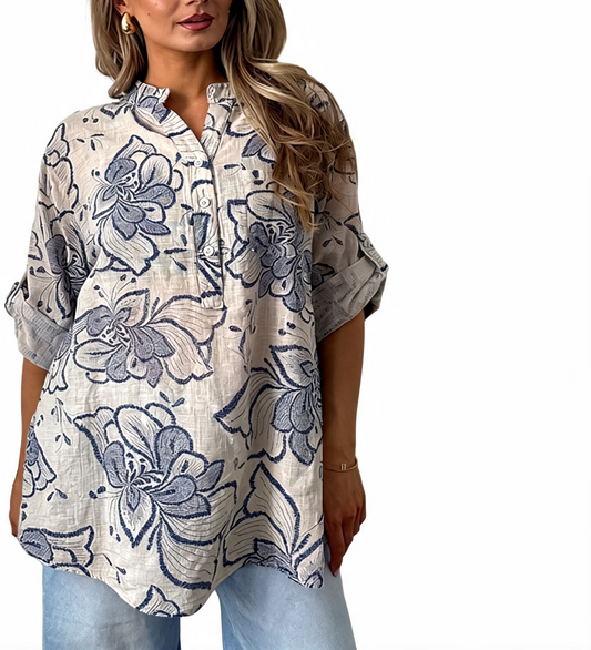 Floral Embroidered Linen Tunic Roll-Sleeve Button-Up Shirt - White