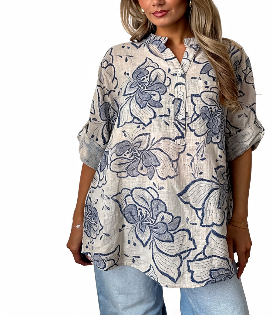Floral Embroidered Linen Tunic Roll-Sleeve Button-Up Shirt - White