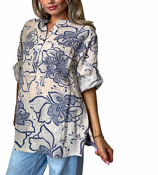 Floral Embroidered Linen Tunic Roll-Sleeve Button-Up Shirt - Beige