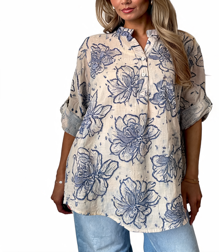Floral Embroidered Linen Tunic Roll-Sleeve Button-Up Shirt - Beige