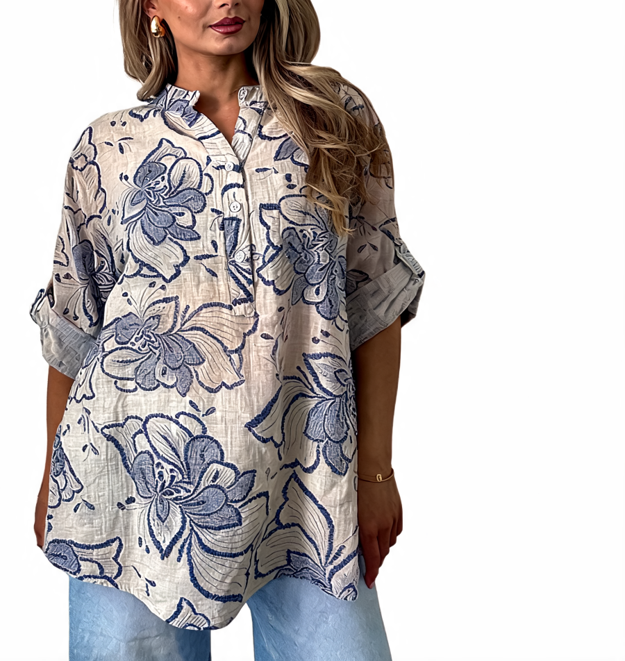 Floral Embroidered Linen Tunic Roll-Sleeve Button-Up Shirt - Beige