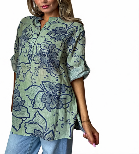 Floral Embroidered Linen Tunic Roll-Sleeve Button-Up Shirt - Khaki