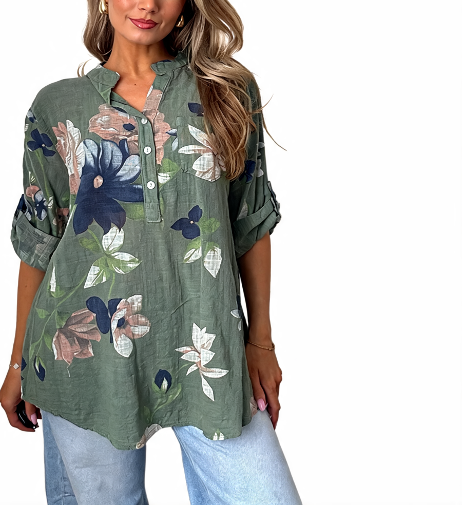 Floral Print Roll-Sleeve Button-Up Linen Tunic Shirt - Khaki