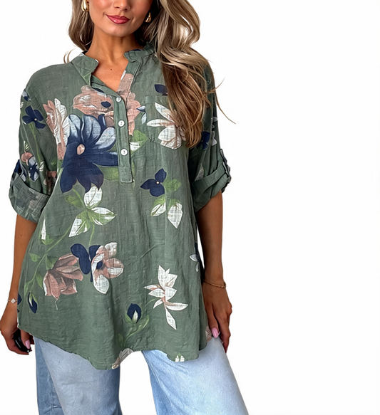 Floral Print Roll-Sleeve Button-Up Linen Tunic Shirt - Khaki