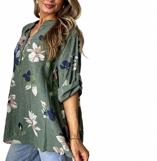 Floral Print Roll-Sleeve Button-Up Linen Tunic Shirt - Khaki