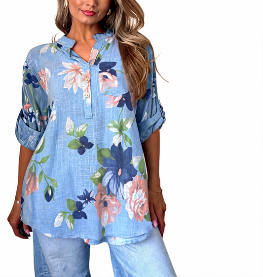 Floral Print Roll-Sleeve Button-Up Linen Tunic Shirt - Sky Blue