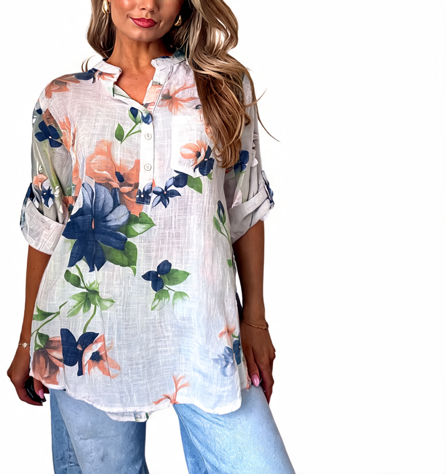 Floral Print Roll-Sleeve Button-Up Linen Tunic Shirt - White