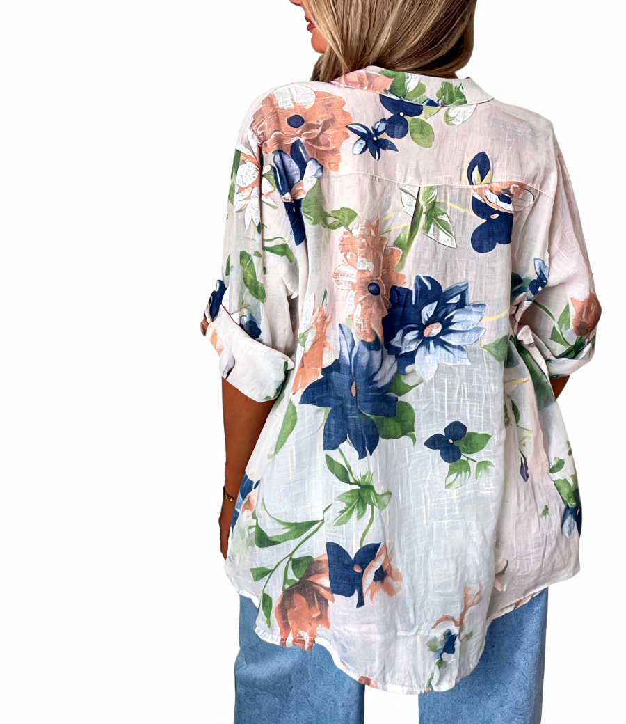 Floral Print Roll-Sleeve Button-Up Linen Tunic Shirt - White