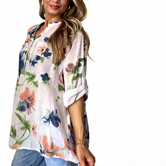 Floral Print Roll-Sleeve Button-Up Linen Tunic Shirt - White