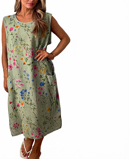 Floral Print Sleeveless Midi Dress with Crochet Back Detail -Khaki
