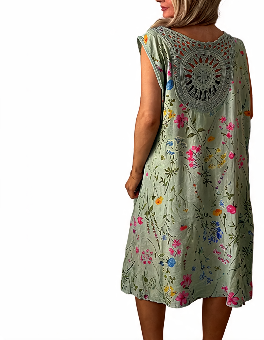 T-shirt met korte mouwen van bloemenkant en botanische print - Marineblauw