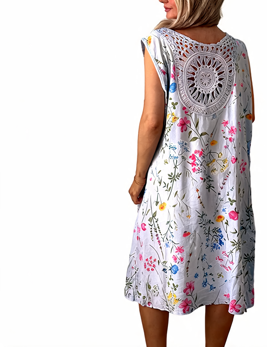 T-shirt met korte mouwen van bloemenkant en botanische print - Marineblauw