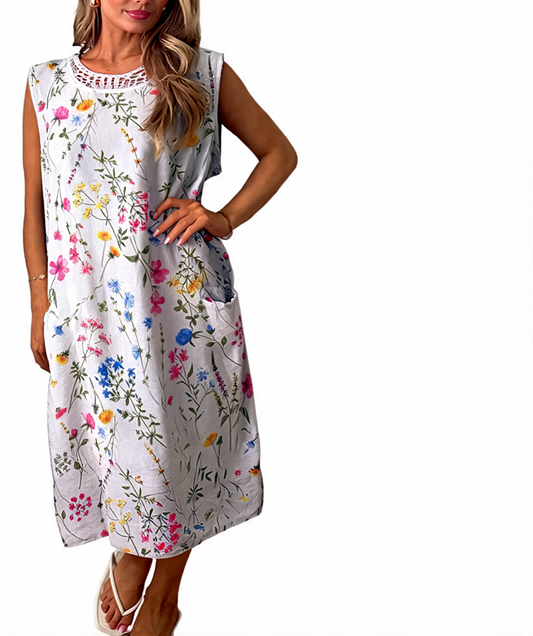 Floral Print Sleeveless Midi Dress with Crochet Back Detail -White
