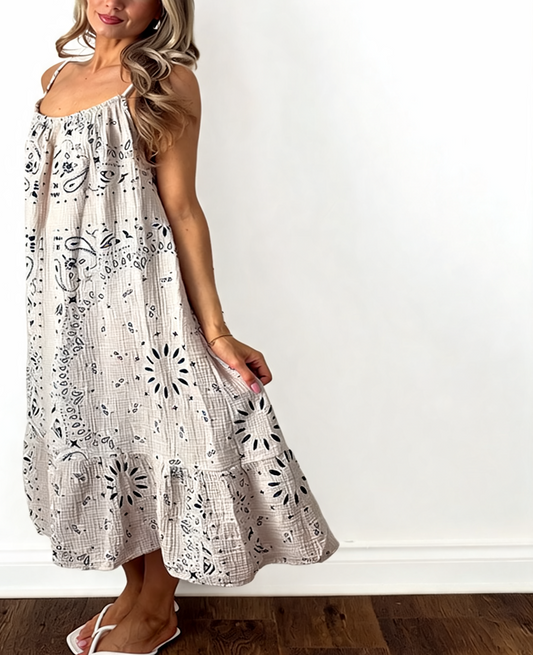 Paisley Print Strappy Tiered Midi Dress - Beige
