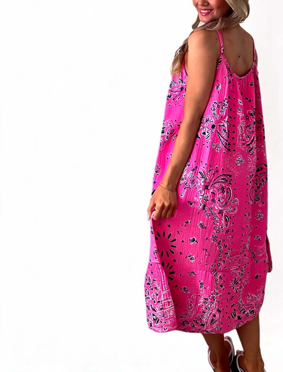 Paisley Print Strappy Tiered Midi Dress - Cerise