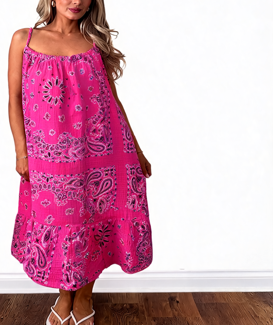Paisley Print Strappy Tiered Midi Dress - Cerise