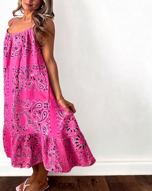 Paisley Print Strappy Tiered Midi Dress - Cerise