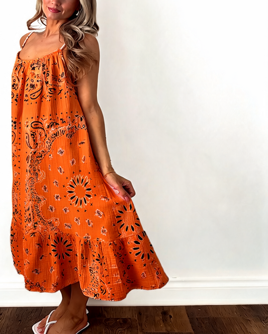 Paisley Print Strappy Tiered Midi Dress - Orange