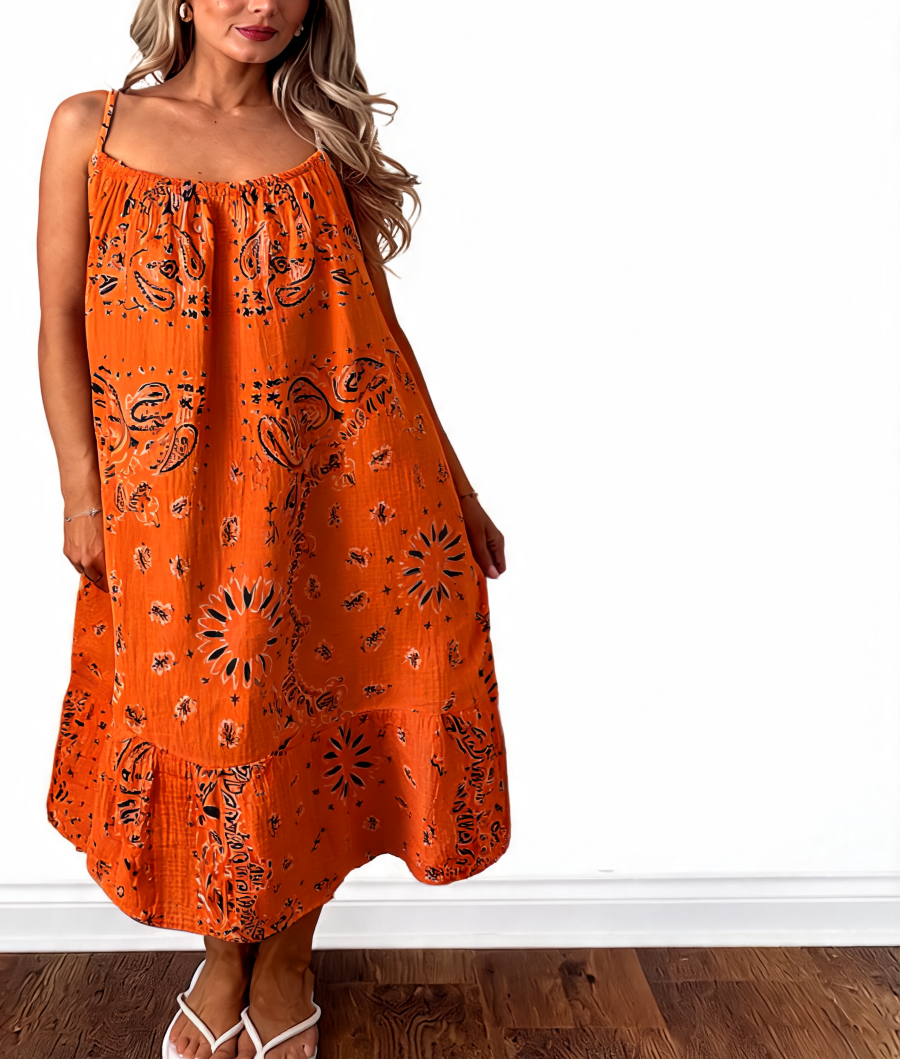 Paisley Print Strappy Tiered Midi Dress - Orange